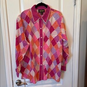 Bob Mackie Wearable Art Silk Blouse 2X Colorful Geometric Button Front NWOT
